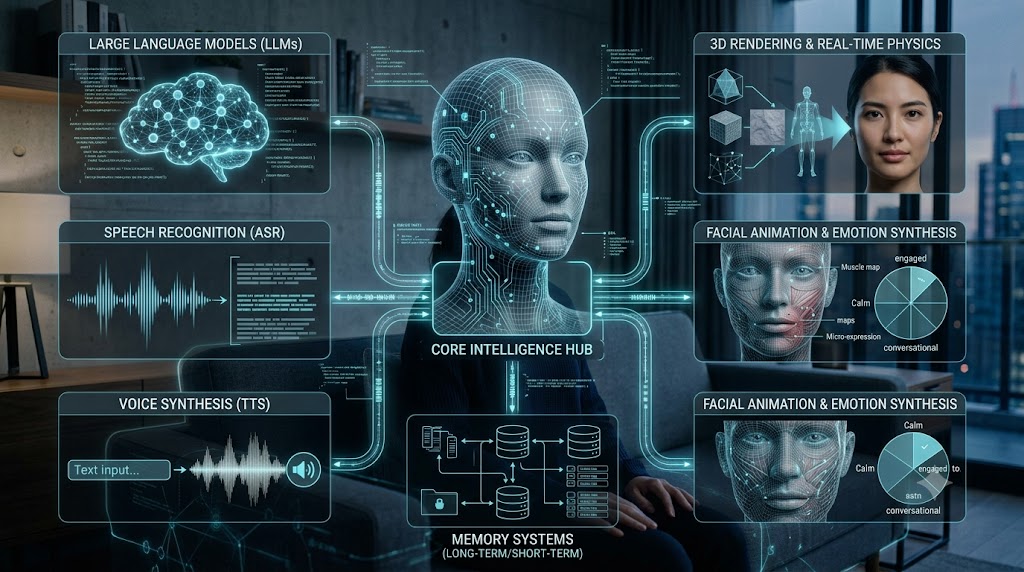 Core technologies powering modern AI avatars including language models, voice AI, and facial animation