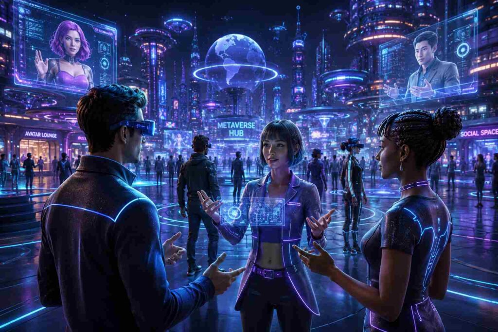 AI avatars interacting in a realistic metaverse environment in 2026