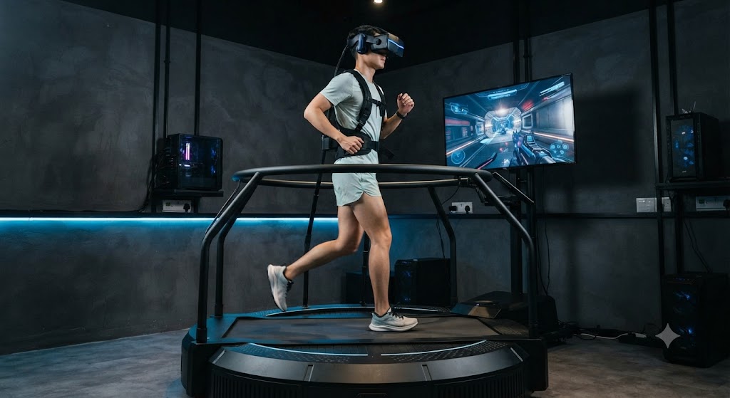A player using an omni-directional VR treadmill and headset at The VR Club in Singapore.