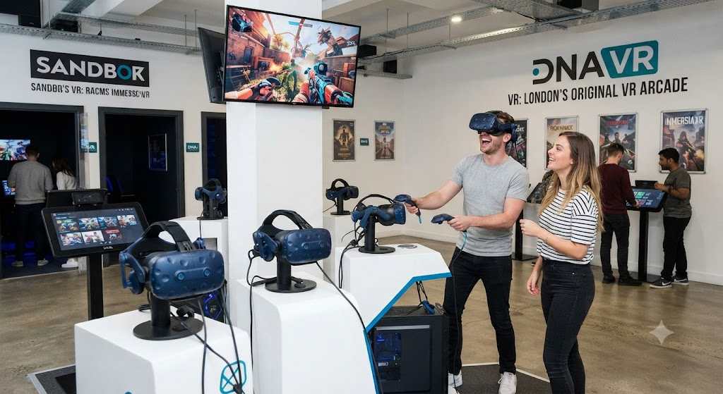 Enthusiastic players at DNA VR's multi-station arcade in Bloomsbury