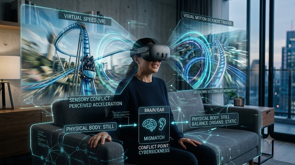 Virtual reality roller coaster simulation demonstrating the visual motion that often causes cybersickness