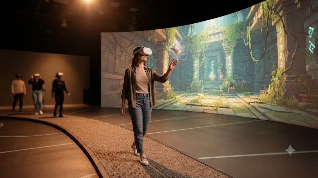 Visitor walking untethered in Immersia XR's massive projection room