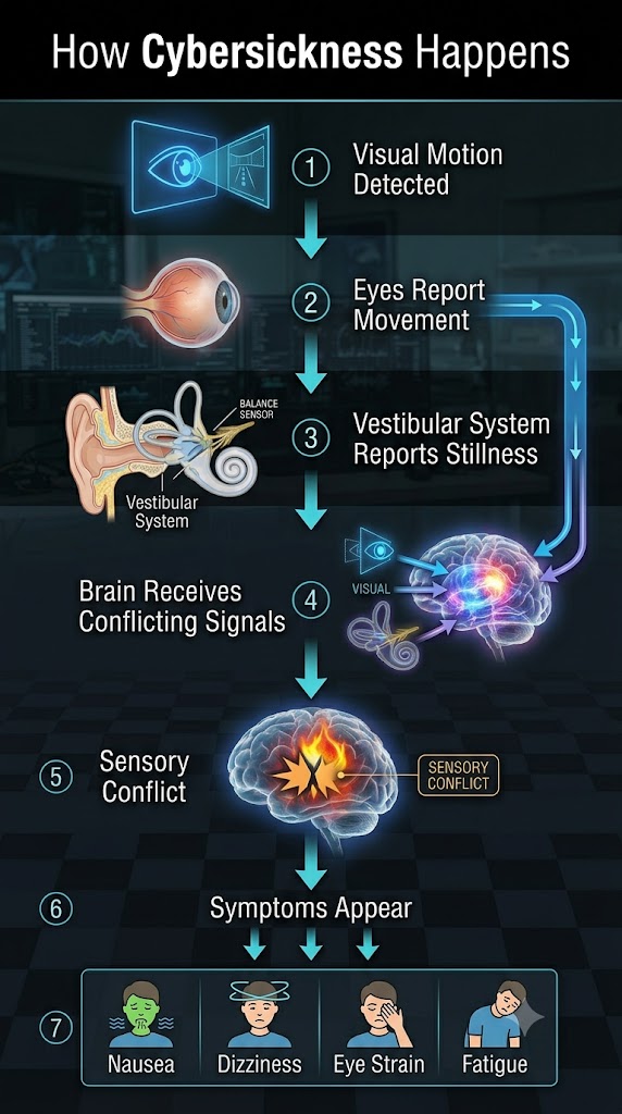 Step-by-step infographic showing how conflicting sensory signals create cybersickness in virtual reality
