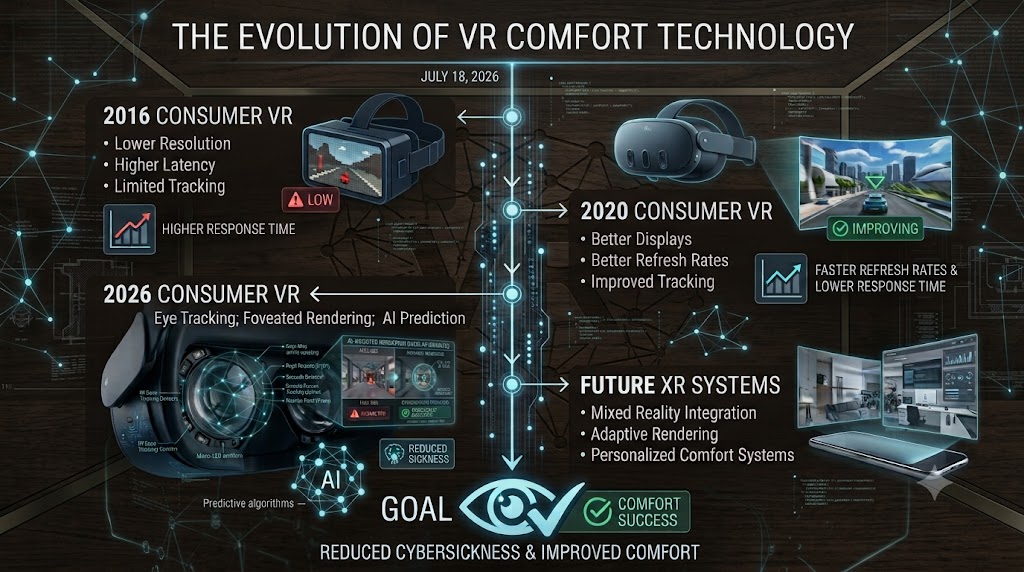 Timeline infographic showing how virtual reality hardware and software have reduced motion sickness over time