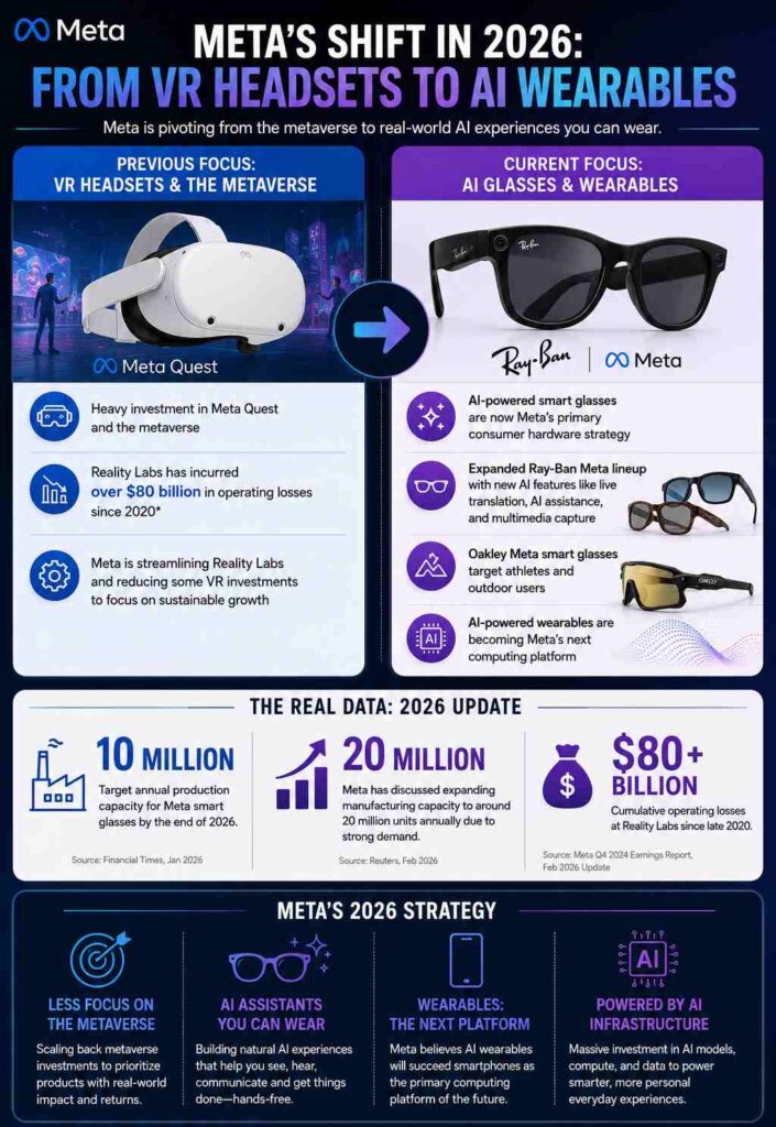 Infographic showing Meta's pivot from metaverse VR headsets to AI glasses