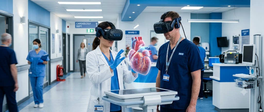Doctor and nurse using virtual reality technology to examine a 3D heart model in a modern European hospital.