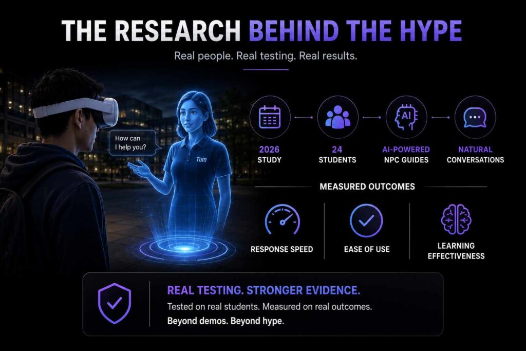 Research infographic showing the 2026 TUMSphere VR study where AI-powered virtual guides helped international students adapt to campus life through natural language conversations.