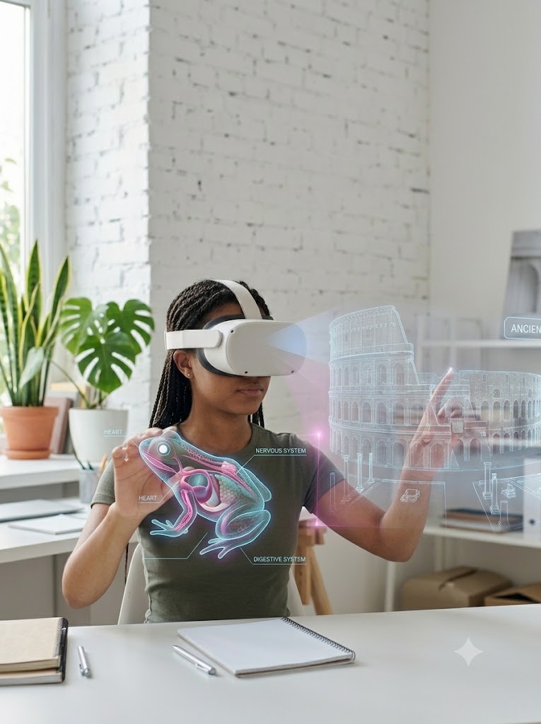 A teenage student wearing a modern virtual reality headset uses hand-tracking gestures to interact with a detailed, floating holographic model of a frog's anatomy in a bright classroom.