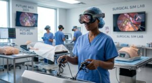 A surgical resident wearing an advanced VR headset practices a complex laparoscopic procedure in a virtual operating theater, using haptic controllers to simulate real-world tactile feedback during medical training in 2026.