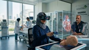 VR Healthcare Dubai UAE: Medical professional in a Dubai hospital using VR tools for clinical training and patient simulation in 2026