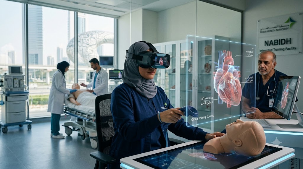 VR Healthcare Dubai UAE: Medical professional in a Dubai hospital using VR tools for clinical training and patient simulation in 2026