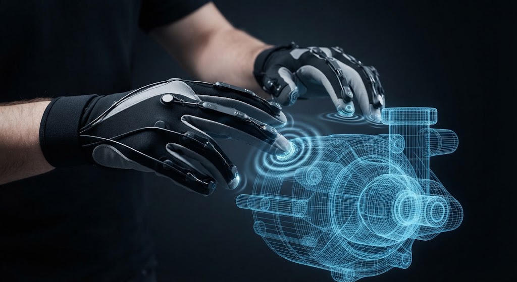 Professional wearing haptic gloves interacting with virtual reality assembly components.