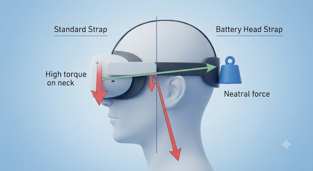 Diagram comparing neck torque forces between a standard VR strap and a counterweighted battery head strap.