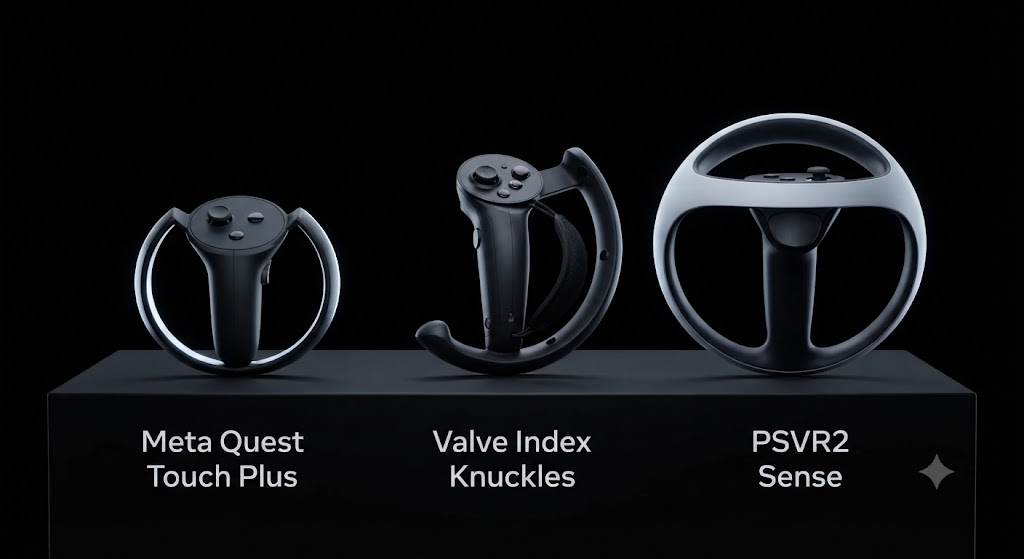 A clean, studio-lit product shot comparing the physical design of the Meta Quest Touch Plus, Valve Index Knuckles, and PSVR2 Sense controllers against a deep black background.