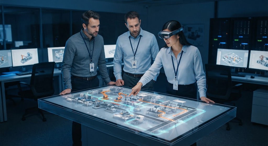 Engineers viewing a large-scale 3D digital twin and virtual factory simulation.