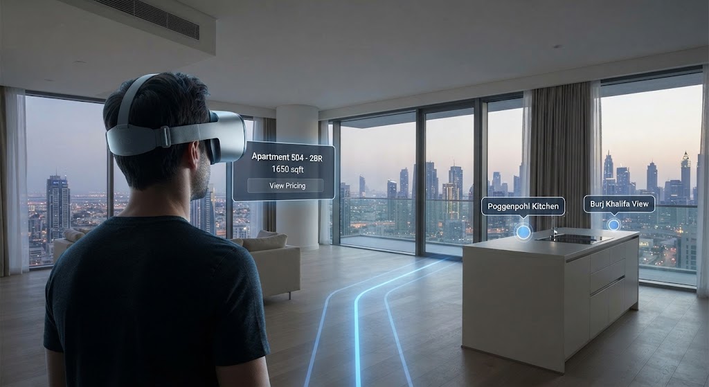 Prospective buyer exploring an immersive real estate virtual tour in virtual reality.