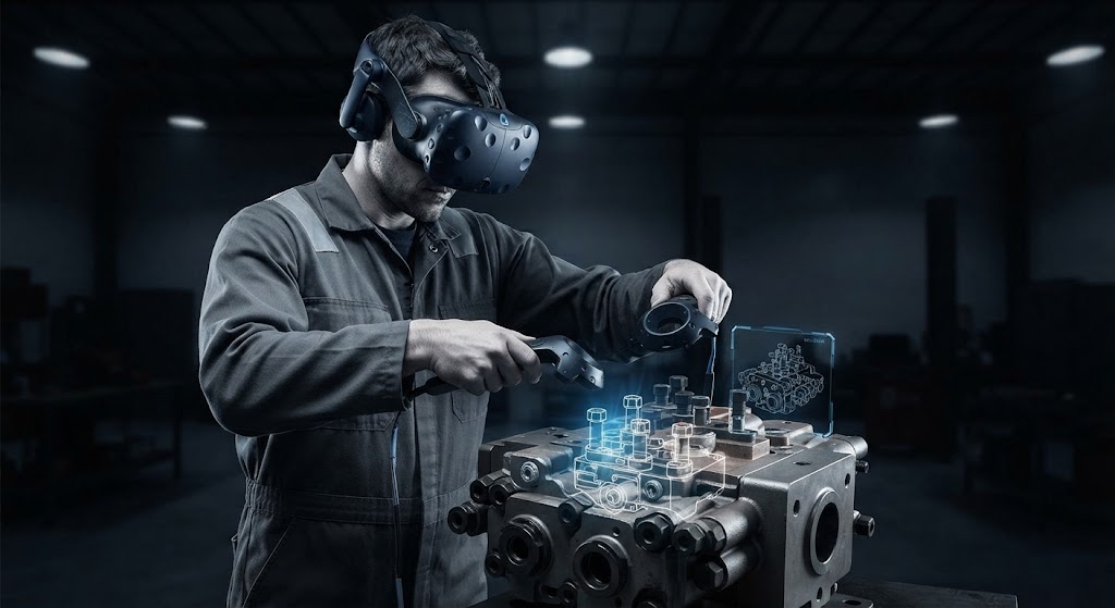 Industrial technician using virtual reality for machinery maintenance and safety training.