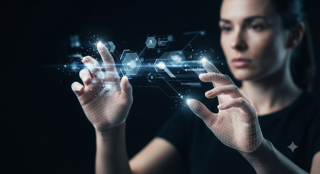 A close-up cinematic shot of a user's bare hands with glowing wireframe nodes interacting with a floating, futuristic blue holographic interface in a dark environment.