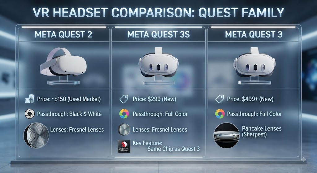 An infographic comparing features, pricing, and lenses of the Meta Quest 2, Meta Quest 3S, and Meta Quest 3.
