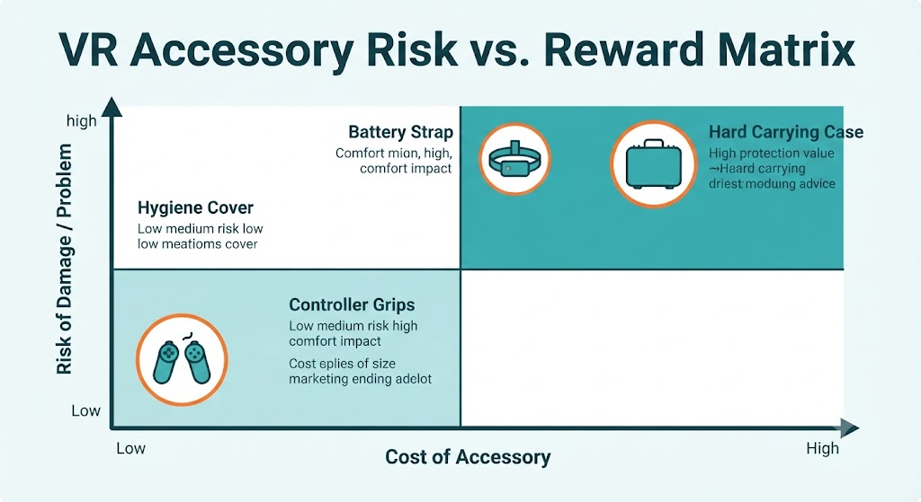 An infographic chart categorizing VR accessories by cost and risk of damage or problem.