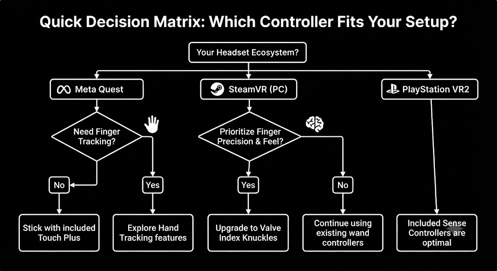 A structured flowchart infographic, using white icons and text on a black background, that guides users from their headset ecosystem to the recommended controller choice.