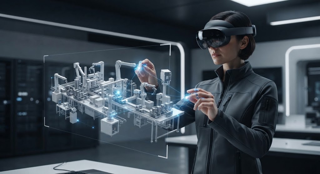 Professional wearing a VR headset interacting with a 3D digital twin in a modern enterprise workspace.