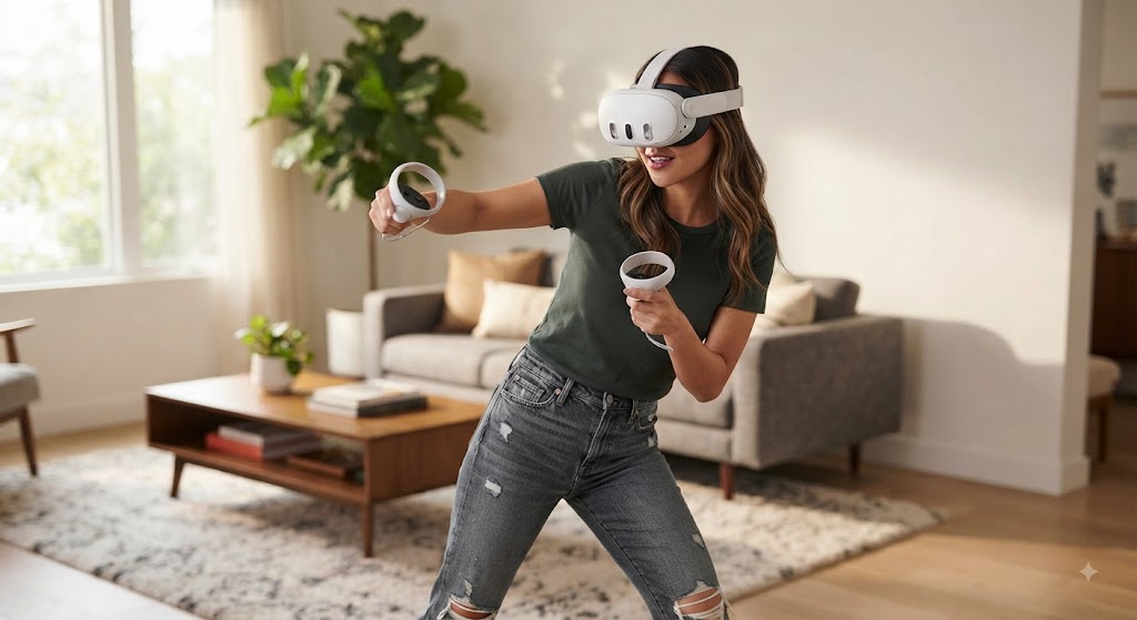 A gamer enjoying a VR experience in a modern living room setting, showcasing untethered freedom of movement.