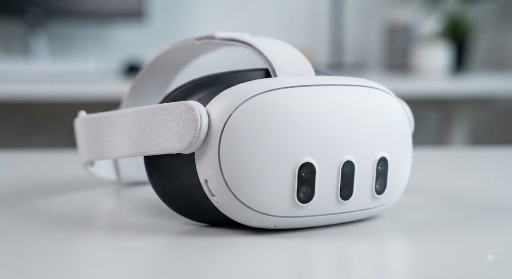 A close-up, sharp product angle highlighting the strap design, tracking cameras, and front profile of the Meta Quest 3S.