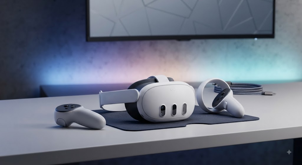 A sleek, modern studio shot of a Meta Quest 3S headset resting next to its Touch Plus controllers on a clean desk setup with soft, ambient RGB backlighting.