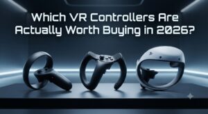 A studio lineup of Meta Quest Touch Plus, Valve Index Knuckles, and PSVR2 Sense controllers on a futuristic dark background, under the glowing white article title.