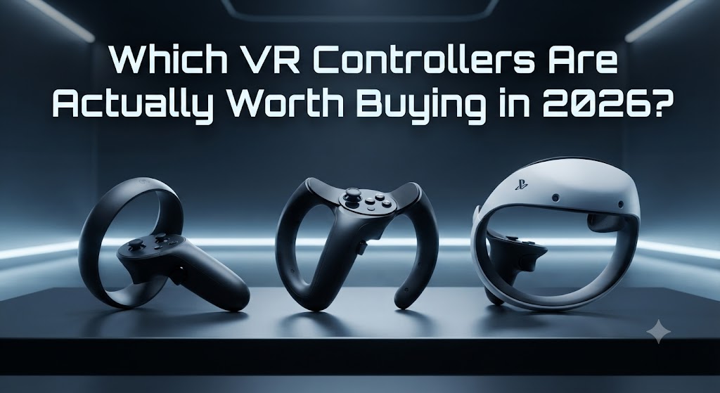 A studio lineup of Meta Quest Touch Plus, Valve Index Knuckles, and PSVR2 Sense controllers on a futuristic dark background, under the glowing white article title.