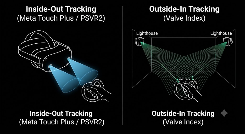 A technical schematic diagram contrasting headset-based camera tracking (blue) with external Lighthouse laser base station tracking (green), labeled for specific controller models.