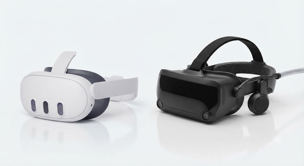 standalone vr headset next to pc tethered vr headset