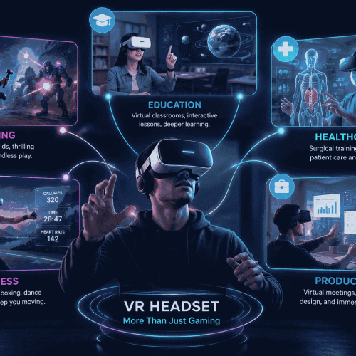 person using a VR headset with education healthcare fitness gaming and workplace applications surrounding them